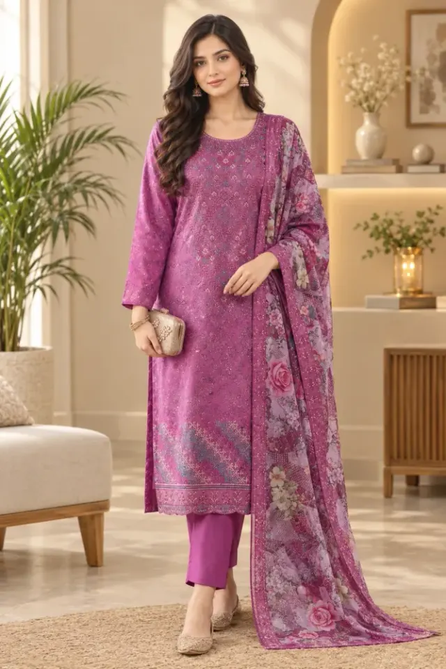 Magenta Soft Cotton Digital Print Embroidered 3-Piece Salwar Kameez