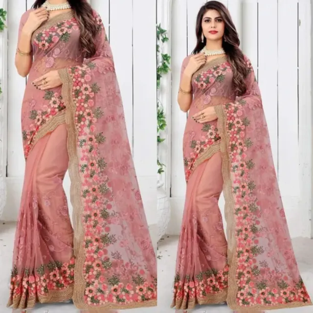 Peach Pink Embroidered Georgette Saree