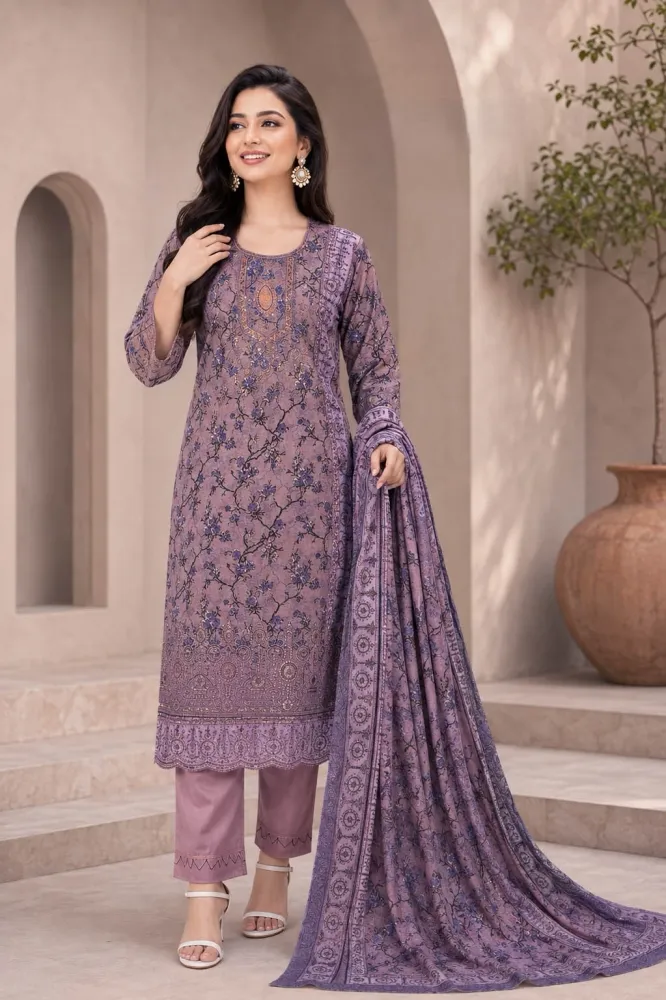 Mauve Purple Soft Cotton Digital Print Embroidered & Sequin Work 3-Piece Salwar Kameez