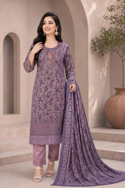 Mauve Purple Soft Cotton Digital Print Embroidered & Sequin Work 3-Piece Salwar Kameez