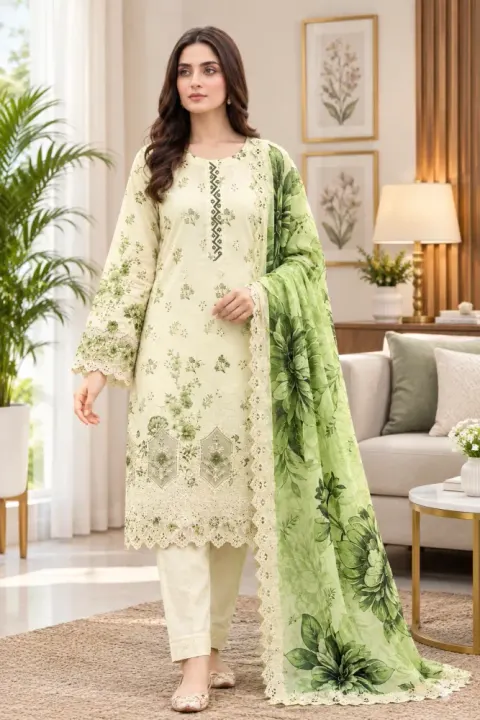 Cream & Green Soft Cotton Digital Print Embroidered & Sequin Work 3-Piece Salwar Kameez