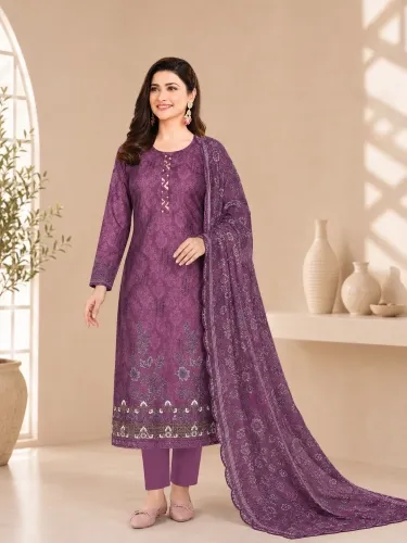 Plum Purple Soft Cotton Digital Print Embroidered & Sequin Work 3-Piece Salwar Kameez