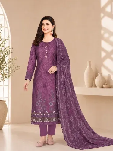 Plum Purple Soft Cotton Digital Print Embroidered & Sequin Work 3-Piece Salwar Kameez