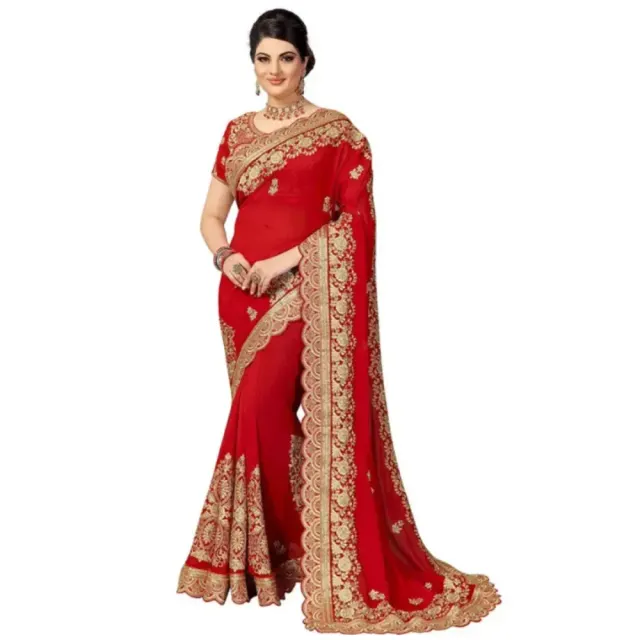 Red Designer Saree with Gold Embroidery – Traditional Indian Ethnic Wear for Women - Shopemart