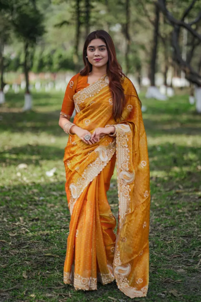 Luxury Designer Saree with Embroidery, Golden Zari & DMC Stone Work - Shopemart 1