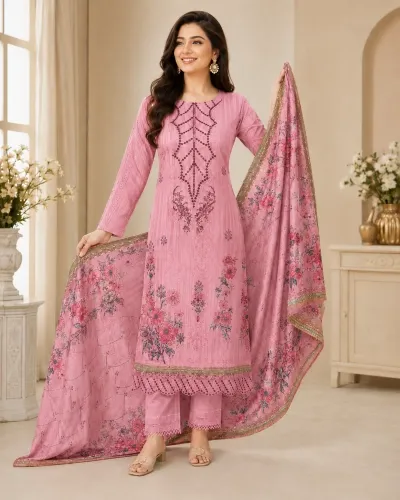 Baby Pink Soft Cotton Digital Print Embroidered 3-Piece Salwar Kameez