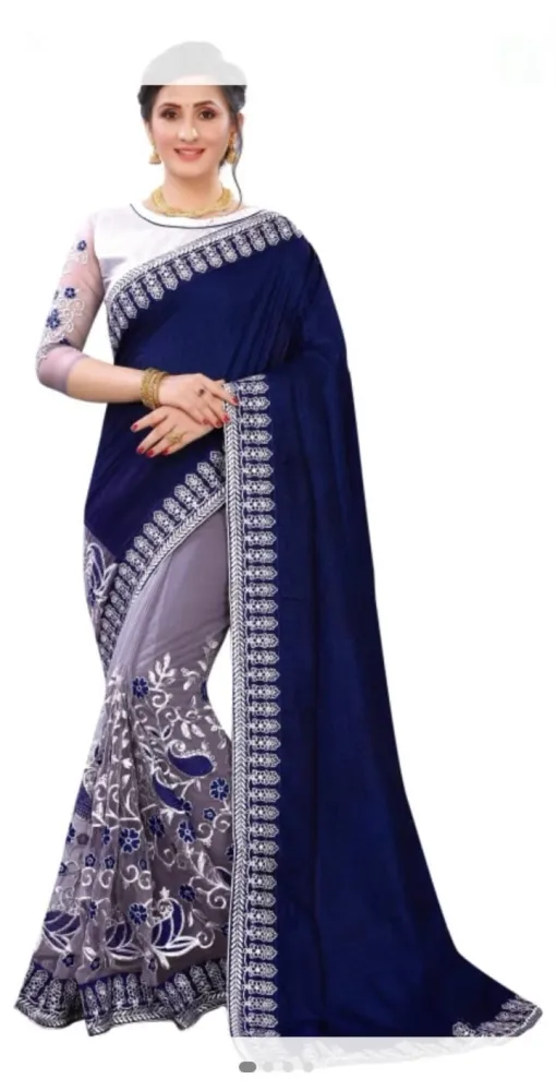 Navy Blue & Lavender Embroidered Georgette Saree