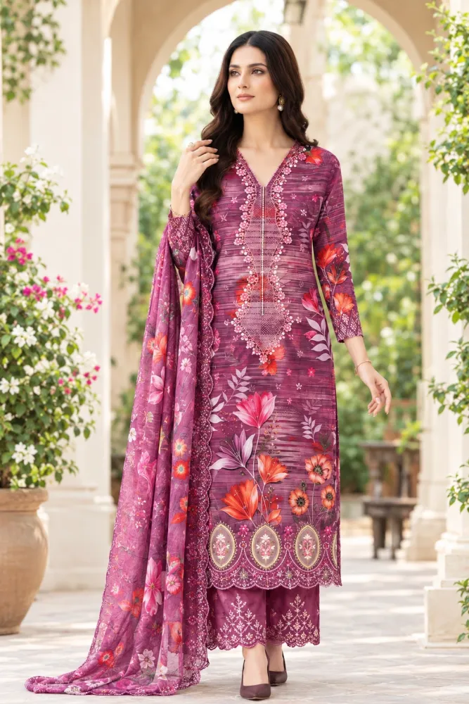Plum Soft Cotton Digital Print Embroidered 3-Piece Salwar Kameez