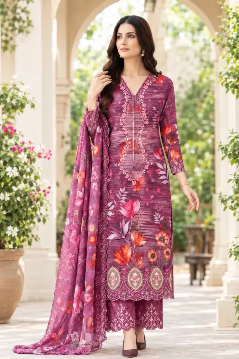 Plum Soft Cotton Digital Print Embroidered 3-Piece Salwar Kameez