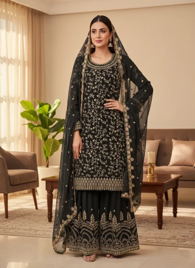 Black Embroidered Georgette Sharara Suit Set for Women