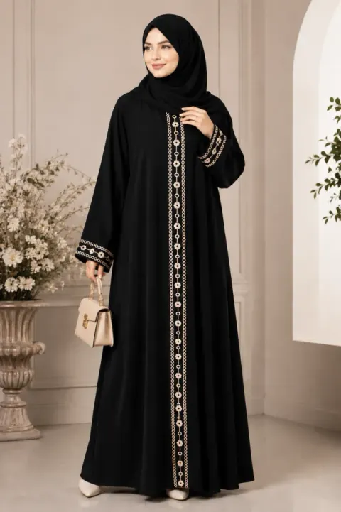 Premium Zafran Fabric Embroidered Single Part Borka with 70+ Inch Hijab - Shopemart 1