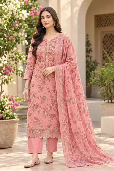 Peach Pink Soft Cotton Digital Print Embroidered 3-Piece Salwar Kameez