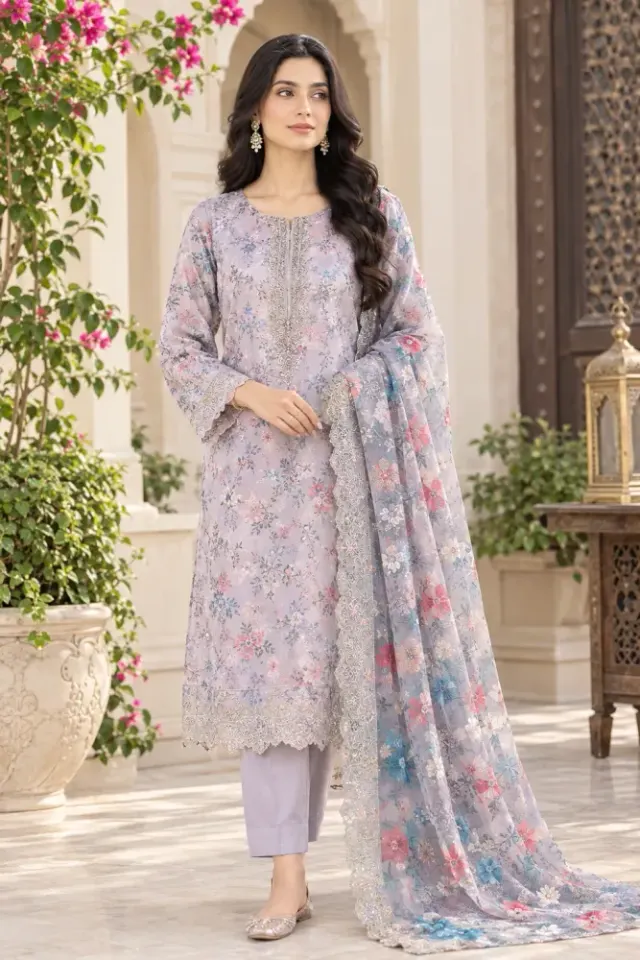 Lavender Blue Soft Cotton Digital Print Embroidered 3-Piece Salwar Kameez