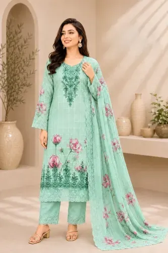 Mint Green Soft Cotton Digital Print Embroidered 3-Piece Salwar Kameez