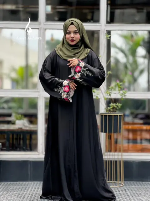 Premium Dubai Cherry Fabric Embroidered Single Layer Abaya with Matching Hijab - Shopemart 1