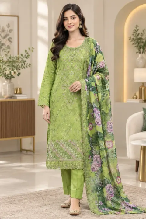 Lime Green Soft Cotton Digital Print Embroidered 3-Piece Salwar Kameez