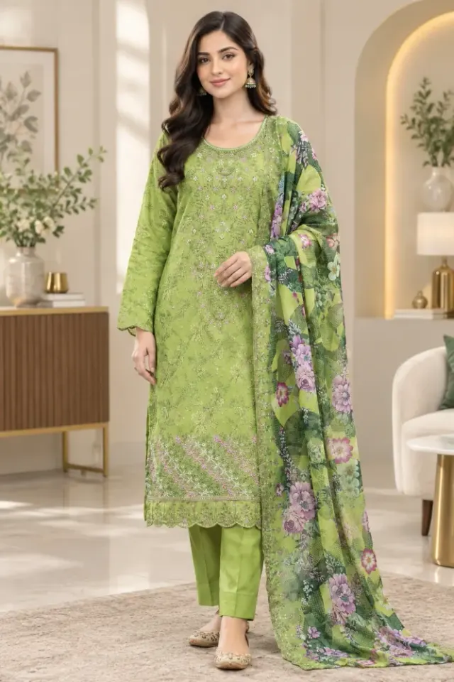 Lime Green Soft Cotton Digital Print Embroidered 3-Piece Salwar Kameez