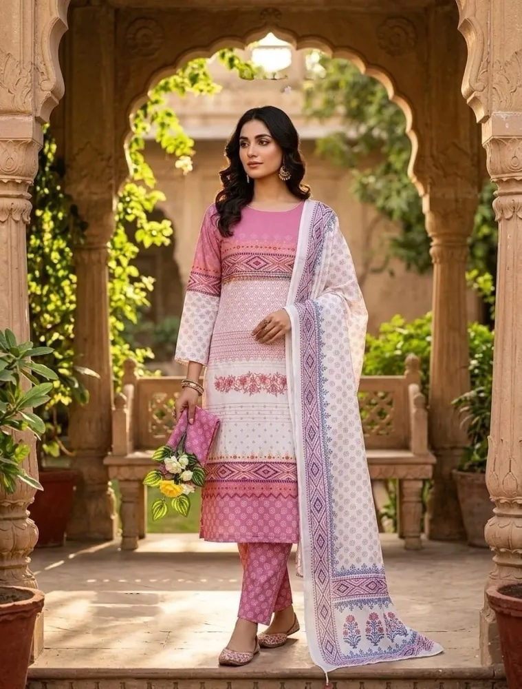 Pink & White Cotton Block Print 3-Piece Salwar Kameez
