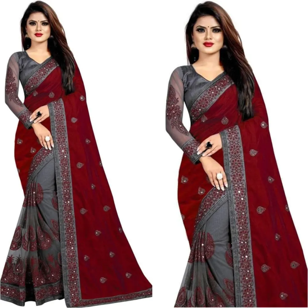 Maroon & Grey Embroidered Georgette Saree