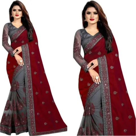 Maroon & Grey Embroidered Georgette Saree