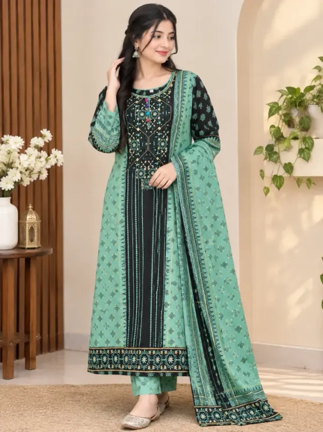 Black & Sea Green Cotton Block Print Ready-Made 3-Piece Salwar Kameez