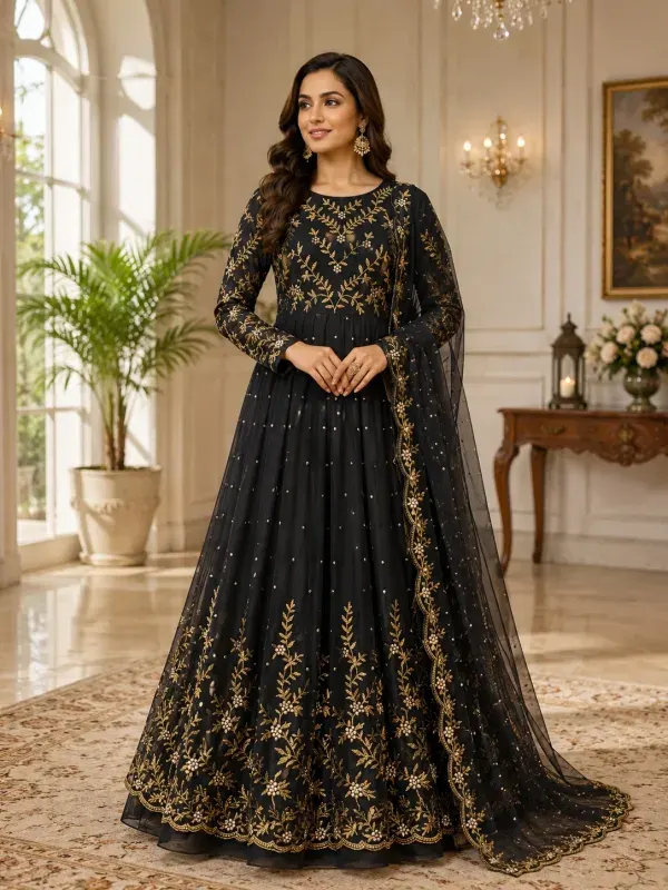 Black Embroidered Anarkali Gown