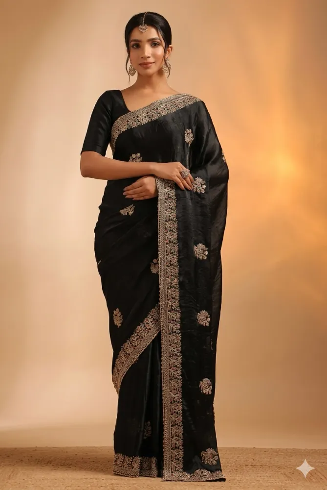 Royal Embroidered Pakistani Jimi Choo Saree with Solid Blouse Piece I - Shopemart