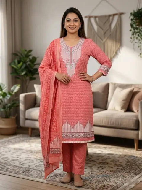Coral Red Soft Cotton Digital Print Embroidered & Sequin Work 3-Piece Salwar Kameez