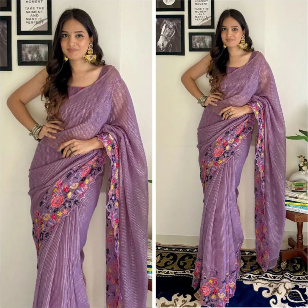 Georgette Embroidered Saree for Women - Shopemart