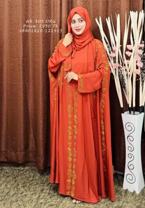 Orange Premium Abaya Borka with DMC Stone Work & Matching Hijab (Dubai Cherry Fabric)