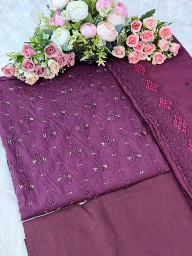 Elegant Embroidered Pure Cotton Three Piece - Shopemart 1