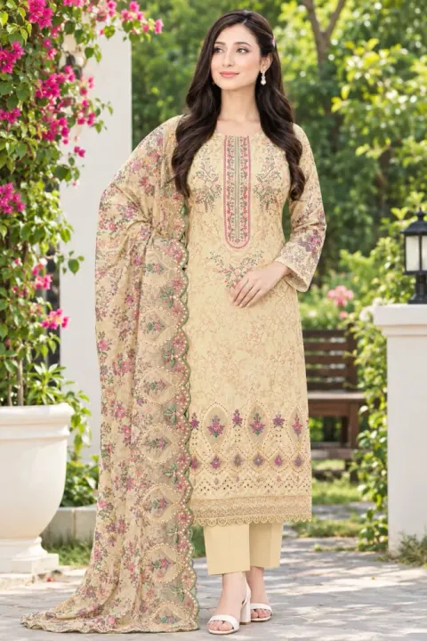 Beige Soft Cotton Digital Print Embroidered 3-Piece Salwar Kameez