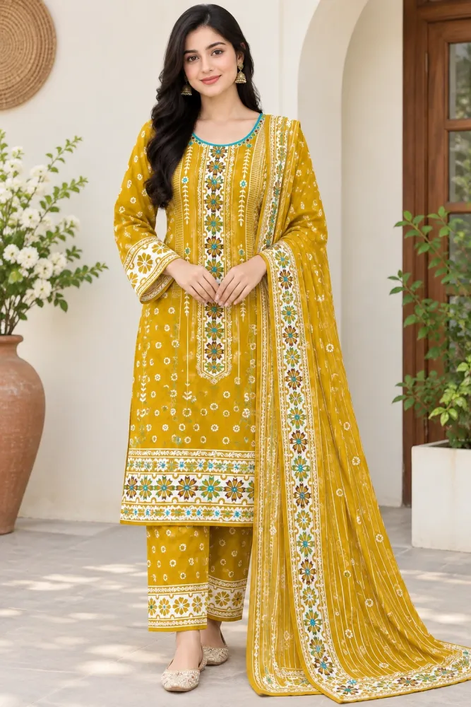 Mustard Yellow Cotton Block Print Ready-Made 3-Piece Salwar Kameez