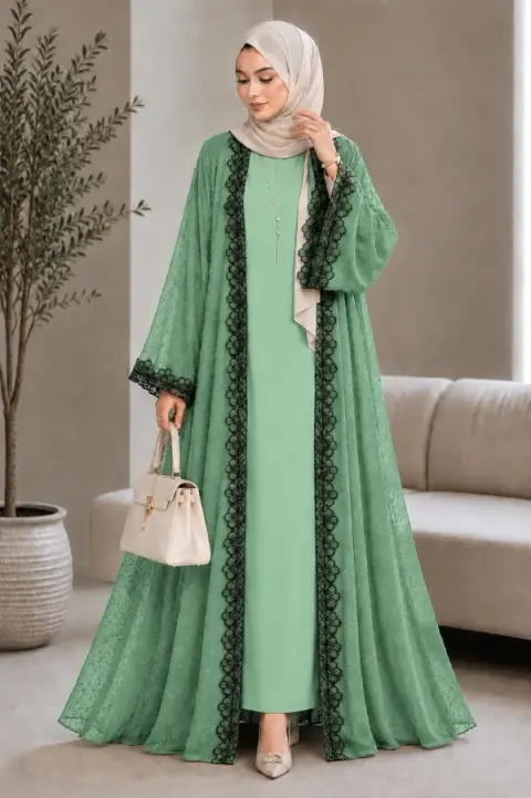 Lemon Premium Designer Two-Layer Abaya | Gota Georgette & Saffron Silk