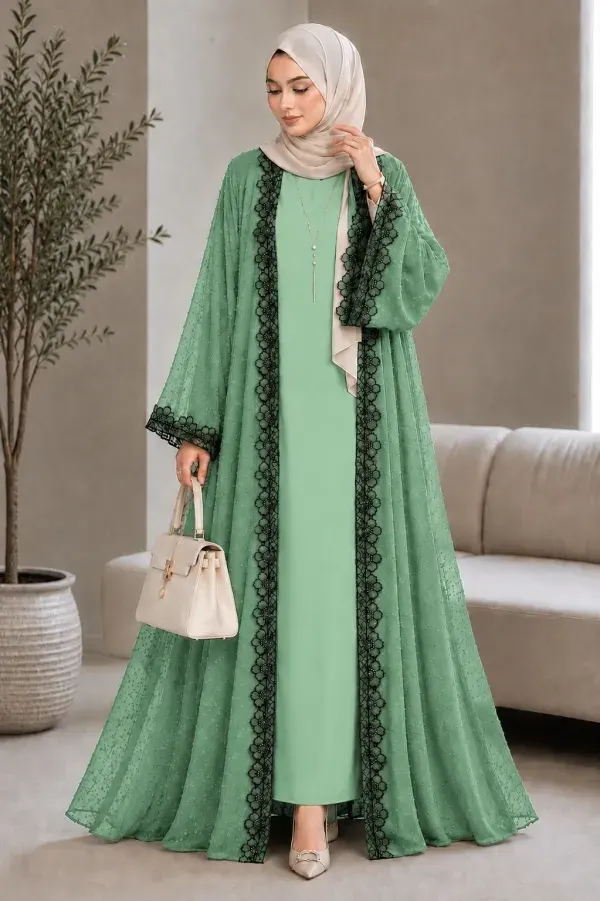 Lemon Premium Designer Two-Layer Abaya | Gota Georgette & Saffron Silk