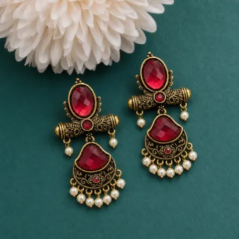 Premium Antique Stone & Pearl Chandbali Earrings for Women