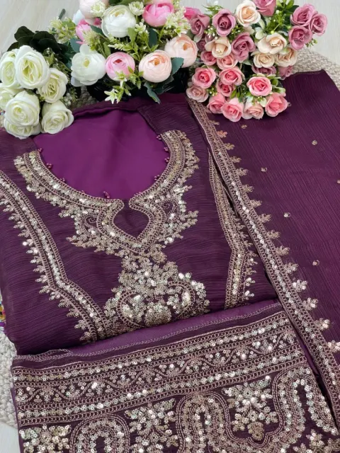 Purple Premium Embroidered Shiffon Georgette 4-Piece Set for Women - Shopemart 1