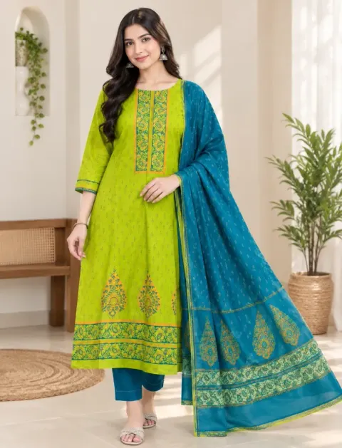 Lime Green & Teal Cotton Block Print 3-Piece Salwar Kameez