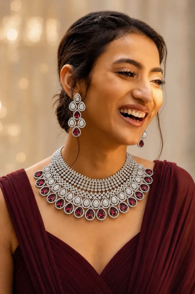Premium Teardrop Stone Silver-Tone Necklace & Earrings Set