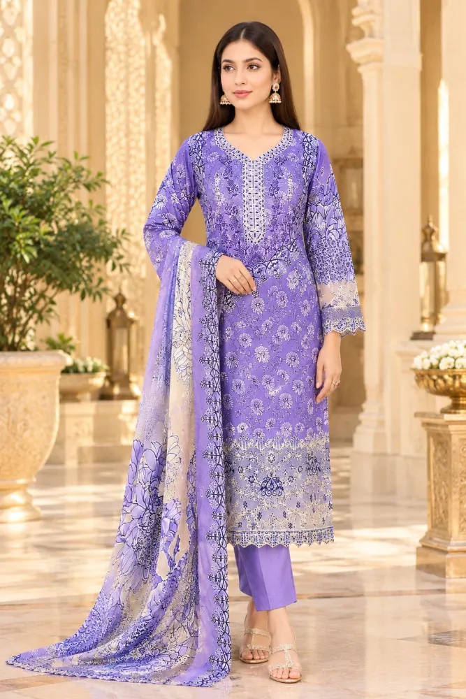 Violet Soft Cotton Digital Print Embroidered 3-Piece Salwar Kameez