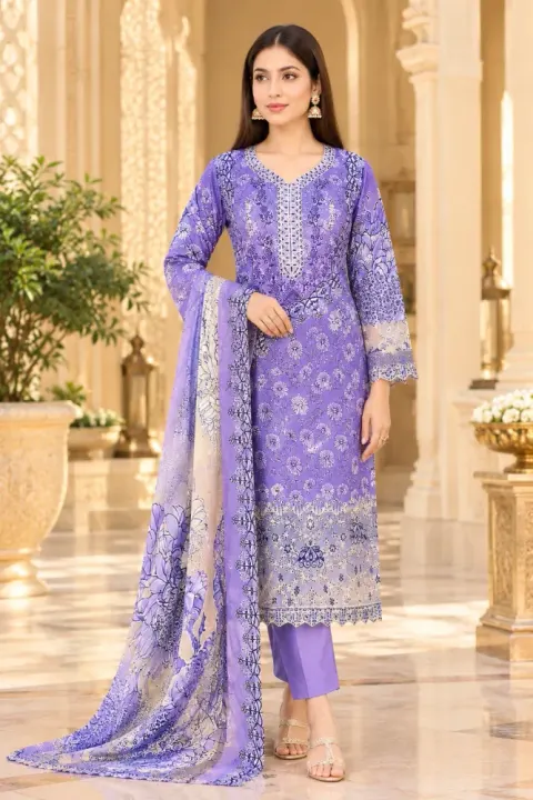 Violet Soft Cotton Digital Print Embroidered 3-Piece Salwar Kameez