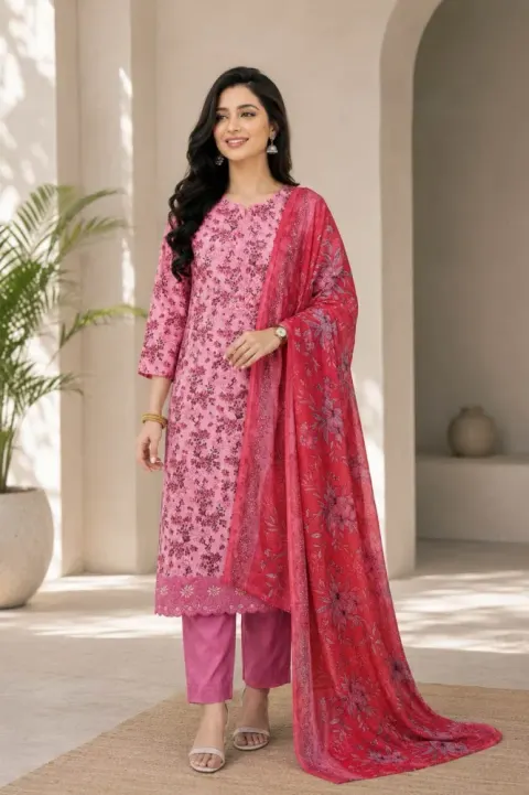 Pink & Red Soft Cotton Digital Print Embroidered & Sequin Work 3-Piece Salwar Kameez