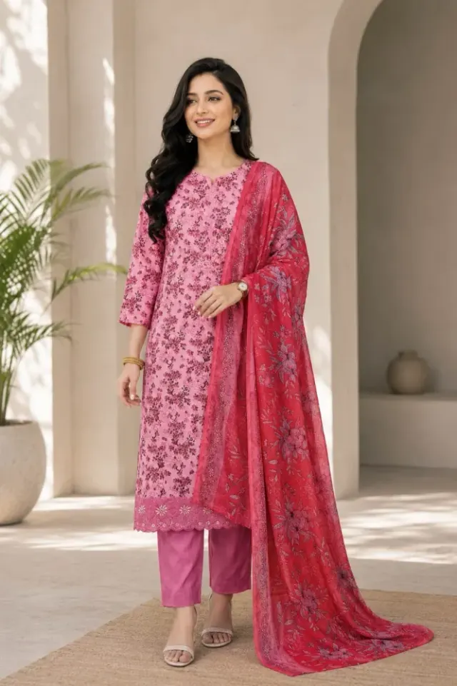 Pink & Red Soft Cotton Digital Print Embroidered & Sequin Work 3-Piece Salwar Kameez