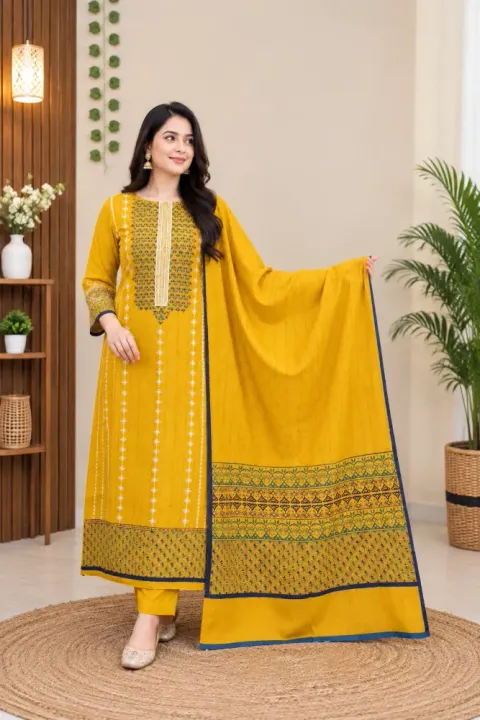 Mustard Yellow Cotton Block Print 3-Piece Salwar Kameez