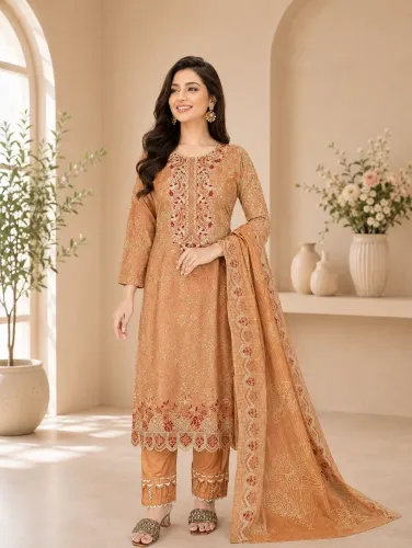 Peach Soft Cotton Digital Print Embroidered 3-Piece Salwar Kameez