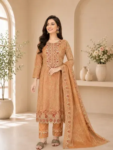 Peach Soft Cotton Digital Print Embroidered 3-Piece Salwar Kameez