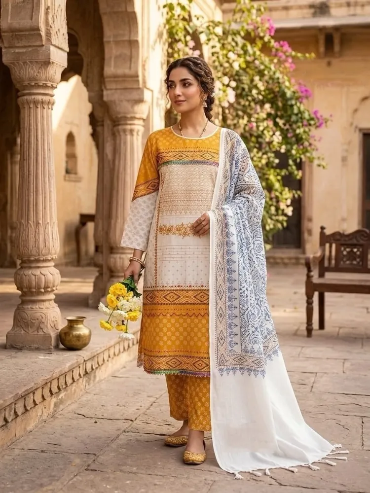 Mustard & White Cotton Block Print 3-Piece Salwar Kameez
