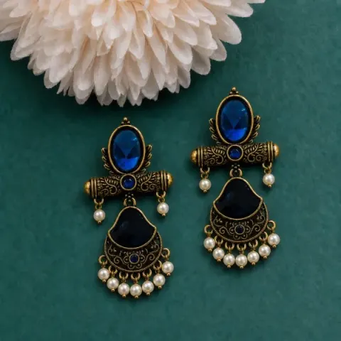 Blue Premium Antique Stone & Pearl Chandbali Earrings for Women