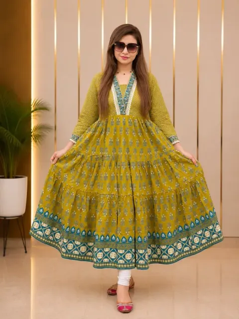 Embroidered Soft Aarong Cotton 1-Piece Anarkali Dress for Women - Shopemart