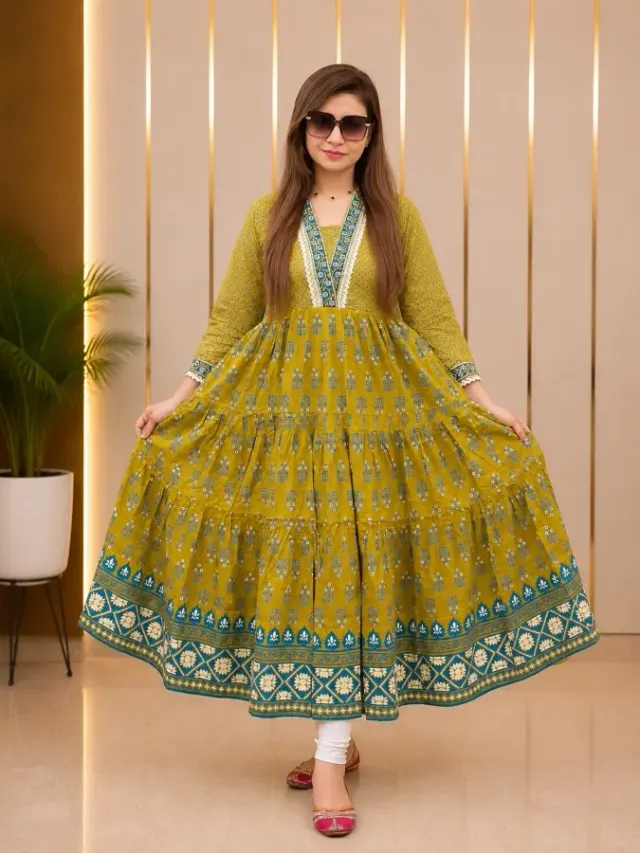 Embroidered Soft Aarong Cotton 1-Piece Anarkali Dress for Women - Shopemart